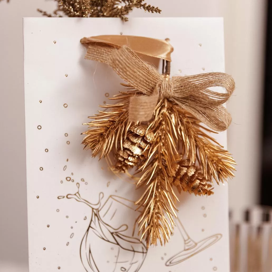 Κλαδί με φιόγκο από λινάτσα και χρυσό 19 cm