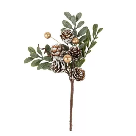 Κλαδί  με μούρα και κουκουνάρια χιονισμένο, πράσινο και χρυσό 19 cm