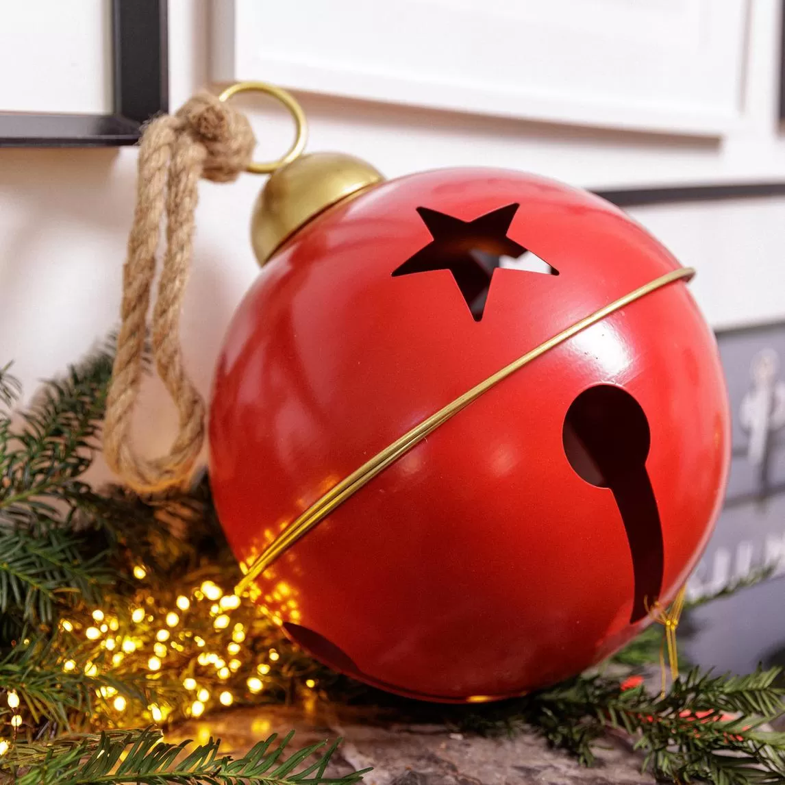 Διακοσμητικό Κόκκινο-Χρυσό Κουδούνι με Σχοινί για Κρέμασμα Ø30cm