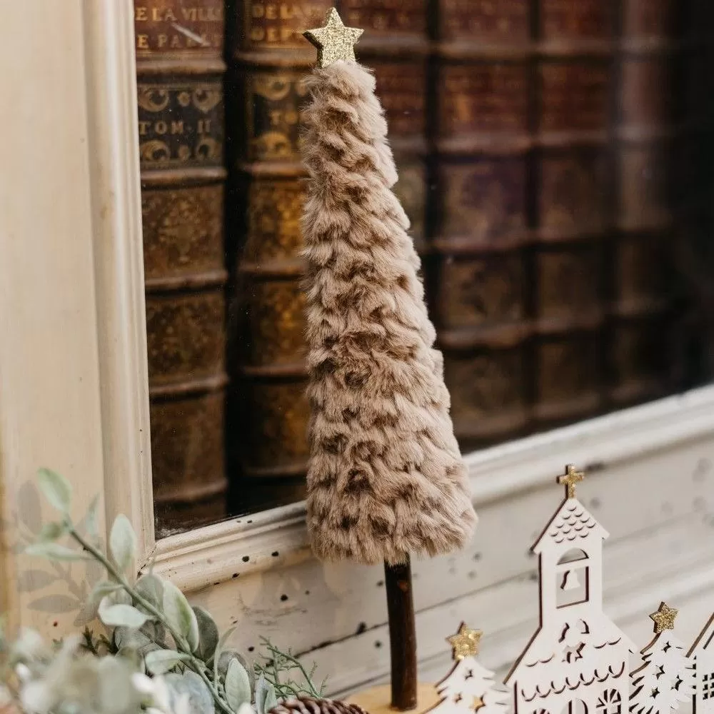 Έλατο με γούνα ταμπά σε ξύλινη βάση και αστέρι με χρυσό γκλίτερ Ø7 x 33