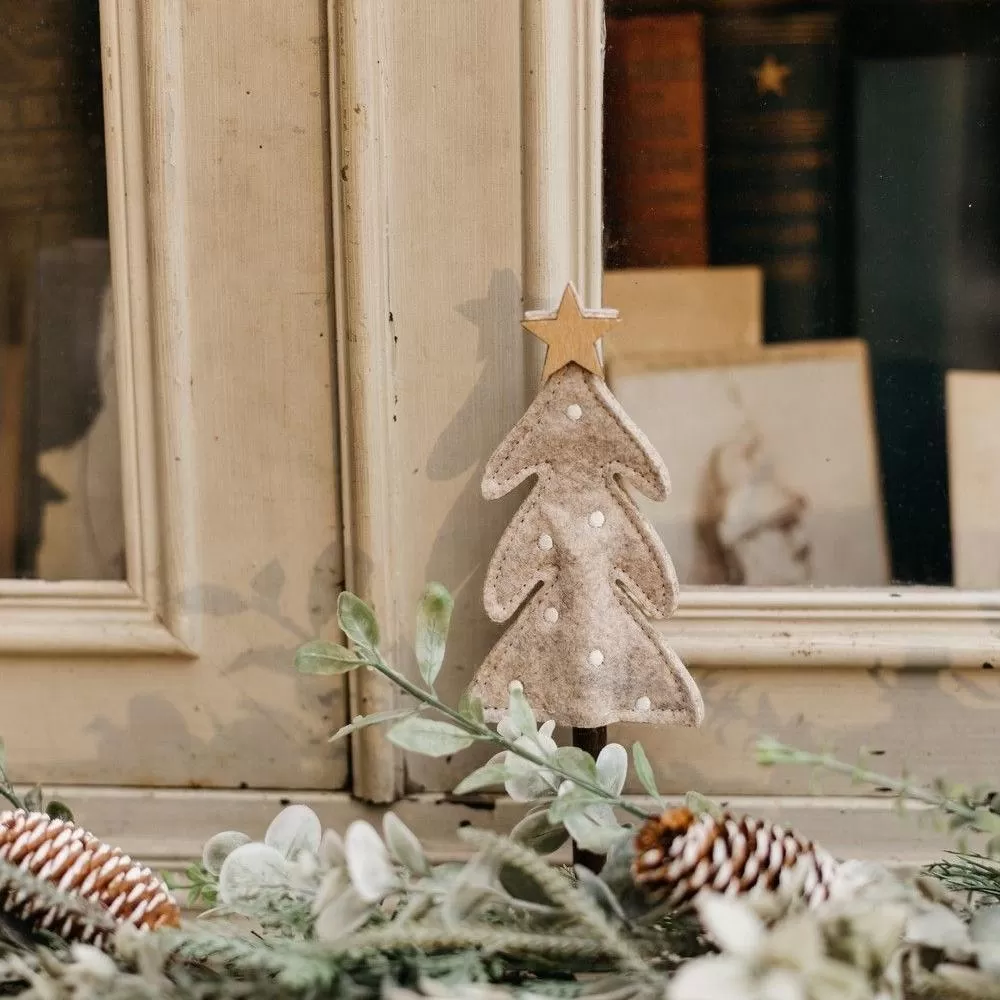 Δέντρο με Αστέρι σε Ξύλινη Βάση, Τσόχα Ταμπά και Λευκή Κεντητή Διακόσμηση 21 x 7,5 cm