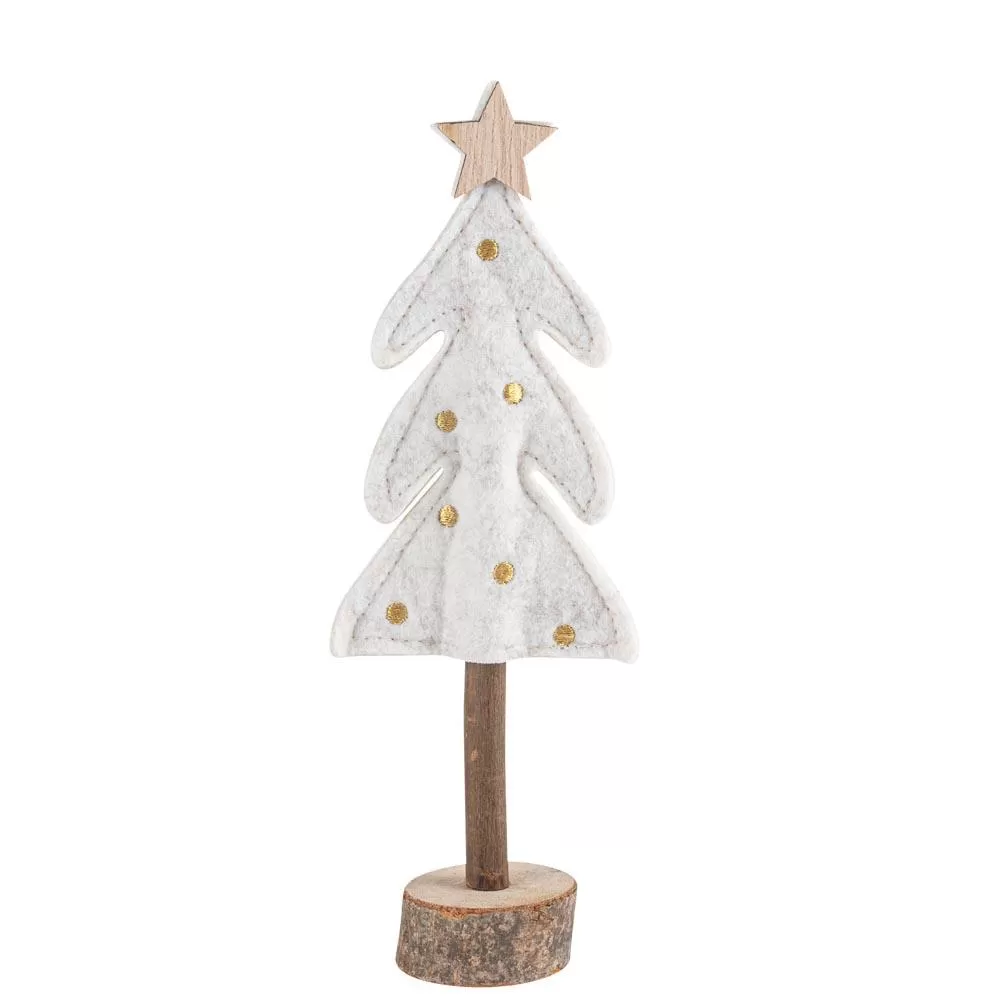 Δέντρο με Αστέρι σε Ξύλινη Βάση, Λευκή Τσόχα και Χρυσή Κεντητή Διακόσμηση 21 x 7,5 cm