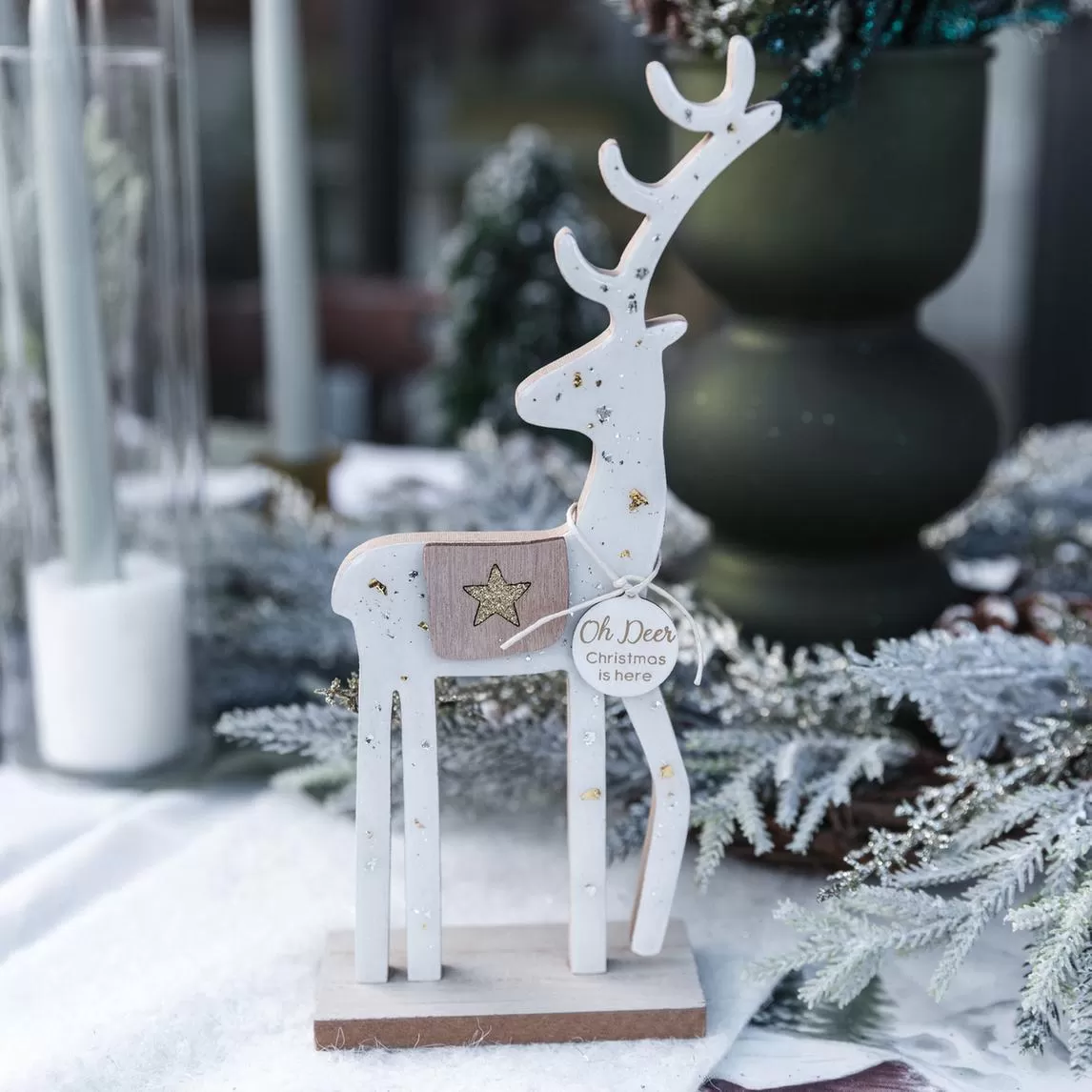 Διακοσμητικός Τάρανδος με Μικρά Αστέρια, Λευκό Ξύλο & Χρυσό-Ασημί Γκλίτερ 10x25x5cm