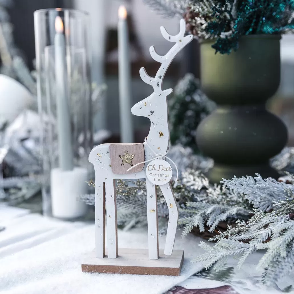 Διακοσμητικός Τάρανδος με Μικρά Αστέρια, Λευκό Ξύλο & Χρυσό-Ασημί Γκλίτερ 10x25x5cm