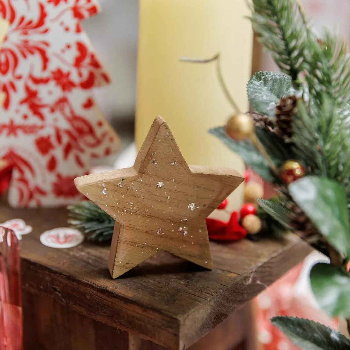 Αστέρι ξύλινο με ασημί γκλίτερ 7.5 x 7.5 x 1.5 cm